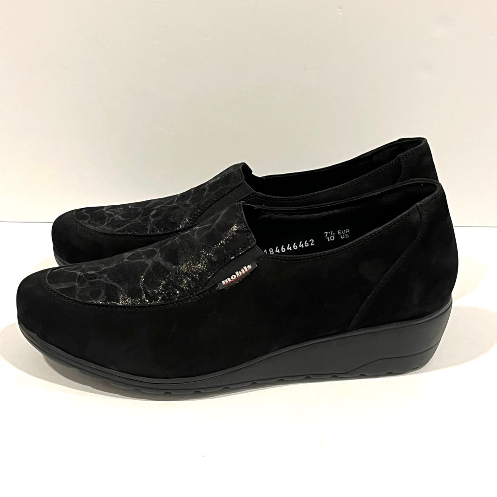 Mephisto Mobils Leather Metallic Accent Wedge Slip On Loafers Women 10US EUR 7.5